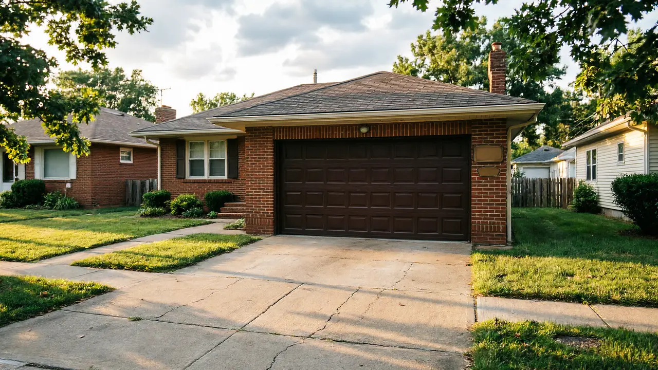 A brown garage door is on a brick house with a green lawn and trees.