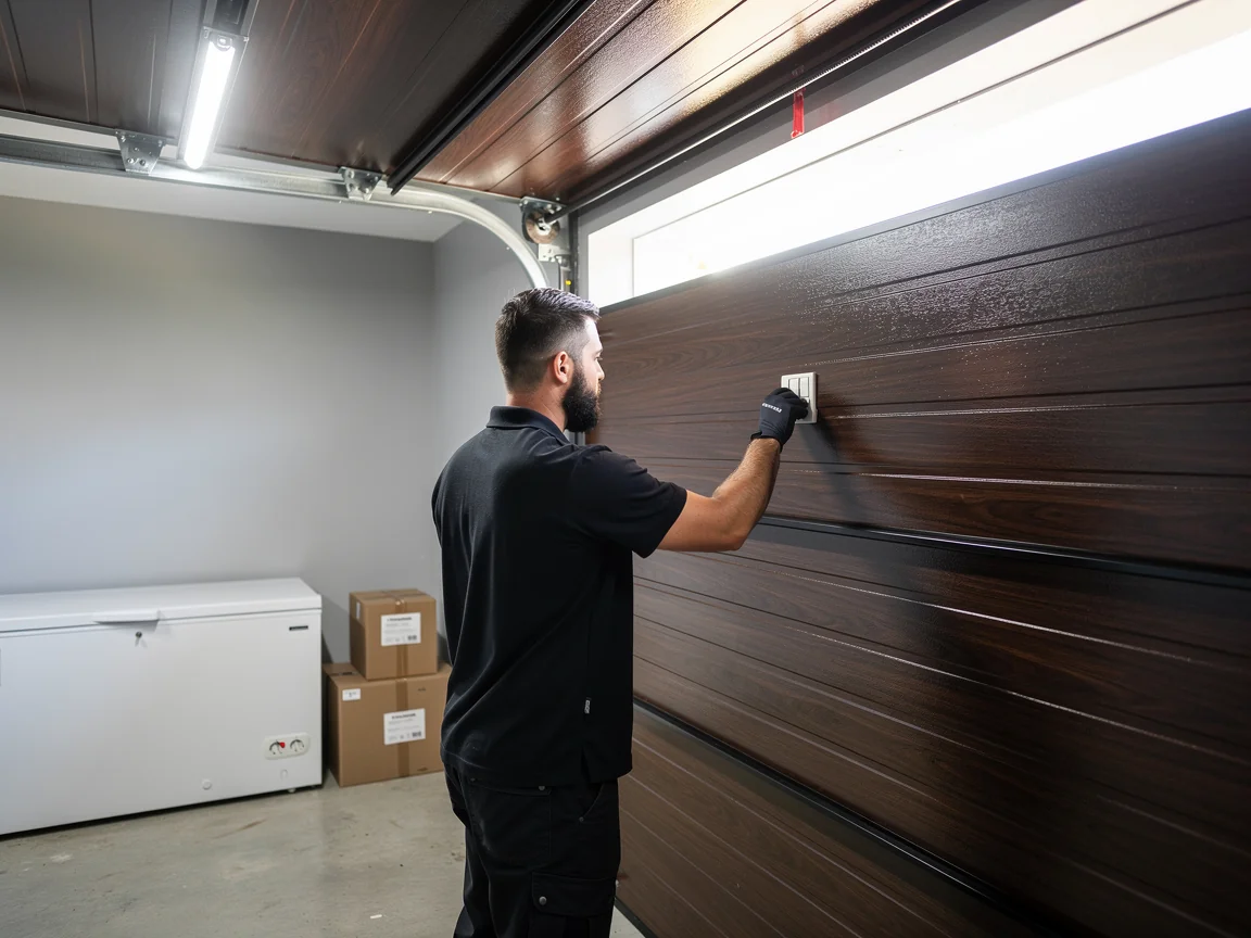 A technician in a black shirt and gloves works on a brown garage door.