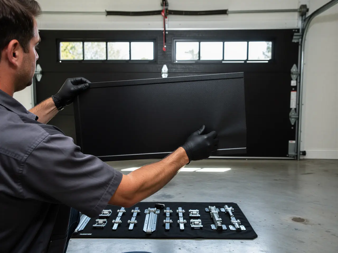 A technician holds a black garage door panel in front of a black garage door.